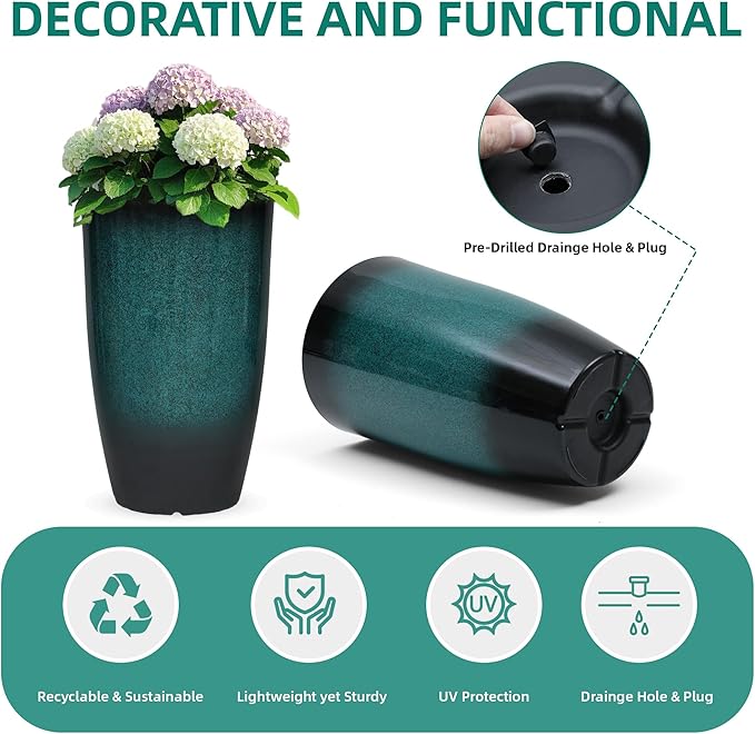 24" Tall Outdoor Planters Set of 2, Large Planters for Outdoor Plants, Art Faux Ceramic Plastic Flower Pots, Weather-Resistant for Porch, Garden, Patio or Indoor Decor, Ideal