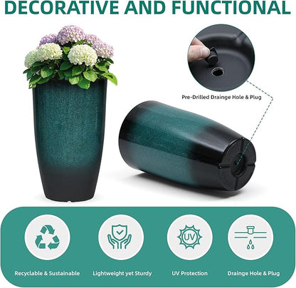 24" Tall Outdoor Planters Set of 2, Large Planters for Outdoor Plants, Art Faux Ceramic Plastic Flower Pots, Weather-Resistant for Porch, Garden, Patio or Indoor Decor, Ideal