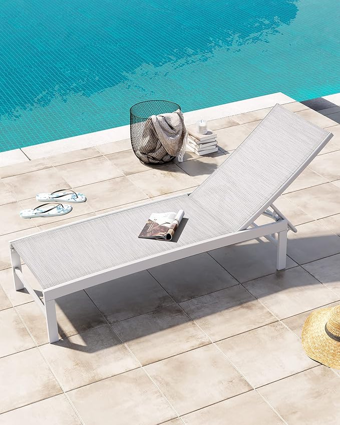 Crestlive Products Outdoor Lounge Chairs, Aluminum Pool Chaise Lounge Chairs, Adjustable Five-Position Tanning Recliner, All Weather for Patio, Beach, Yard, Pool (1PC Multi-Color)