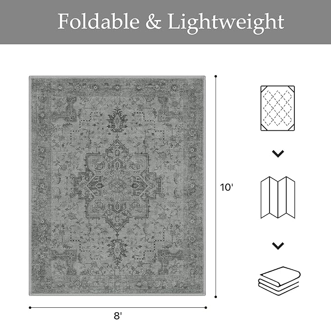 GENIMO Outdoor & Indoor Area Rug 8'x10', Waterproof, Non-Shedding, Easy Cleaning, Boho Mat for Patio, Living Room, Balcony, Dining Room, RV, Deck, Bedroom, Camping, Outside Carpet,Dark Grey