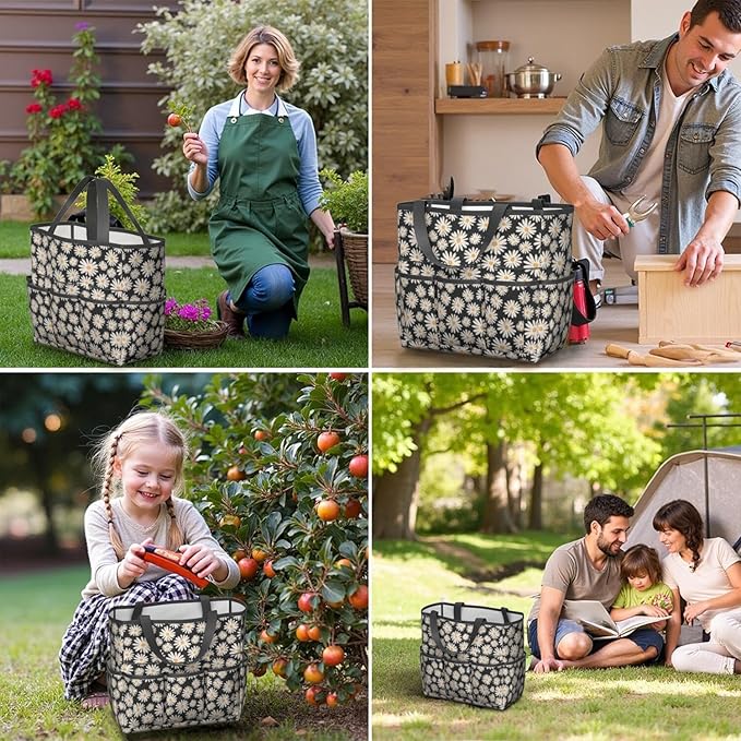 Daisy Flowers Garden Tool Bag - Waterproof Garden Tote with 8 Pockets, Large Storage Home Organizer Gardening Tool Oxford Bag for Garden Tools Kits Holder, Ideal Outdoor Gardening Gift for Women & Men