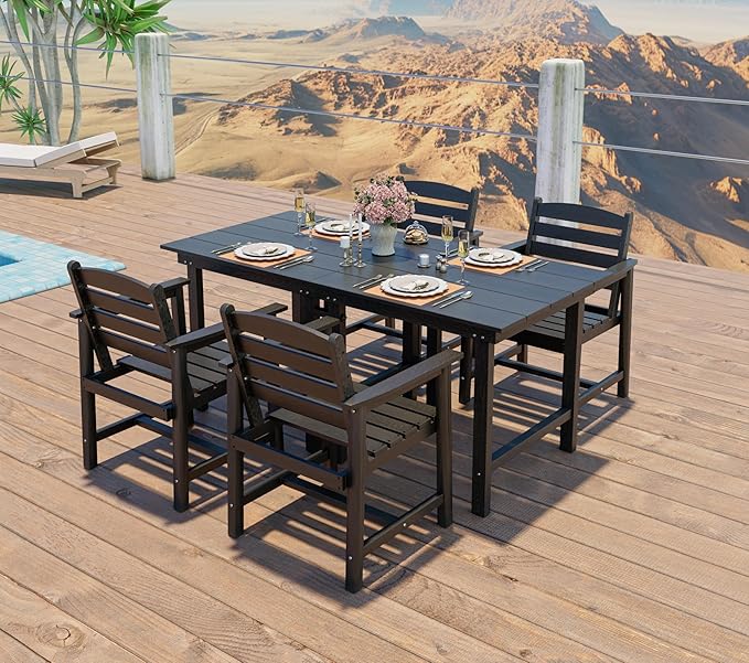 Anbuy Patio HDPE Dining Table Set, 5-Piece Outdoor Dining Table Sets, 2 in 1 Outdoor Furniture Table and 4 Outdoor Chairs for Garden, Backyard, Poolside, Easy Assembly, Black