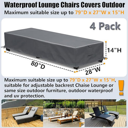 Waterproof Patio Lounge Chair Cover 4 Pack Outdoor Chaise Lounge Covers 600D Weather Resistant Material, UV Protection, Windproof Design Outside Furniture Covers 80" x 28" x 14" H, Grey
