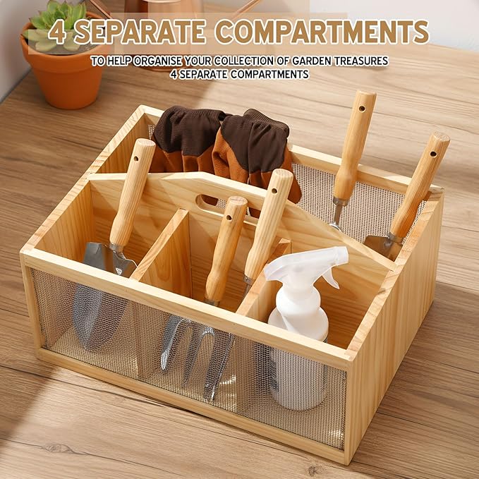 Teenyyou Garden Tool Organizer Wooden Garden Caddy with 4 Compartments and Handle Portable Gardening Tool Basket Nesting Box Practical Gardener Gift for Gardening Lovers
