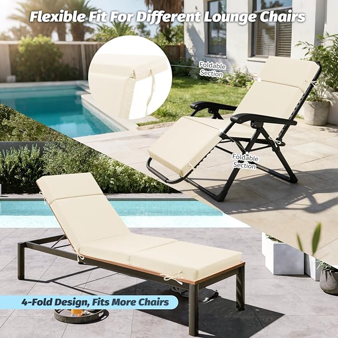 2 Pcs Outdoor Chaise Lounge Cushion 72" x 21" x 3", 4-Section Folding Patio Lounge Chair Cushion with Ties, Waterproof & Fade Resistant Replacement Cushion for Pool, Patio, Deck (Beige, 2 Pcs)