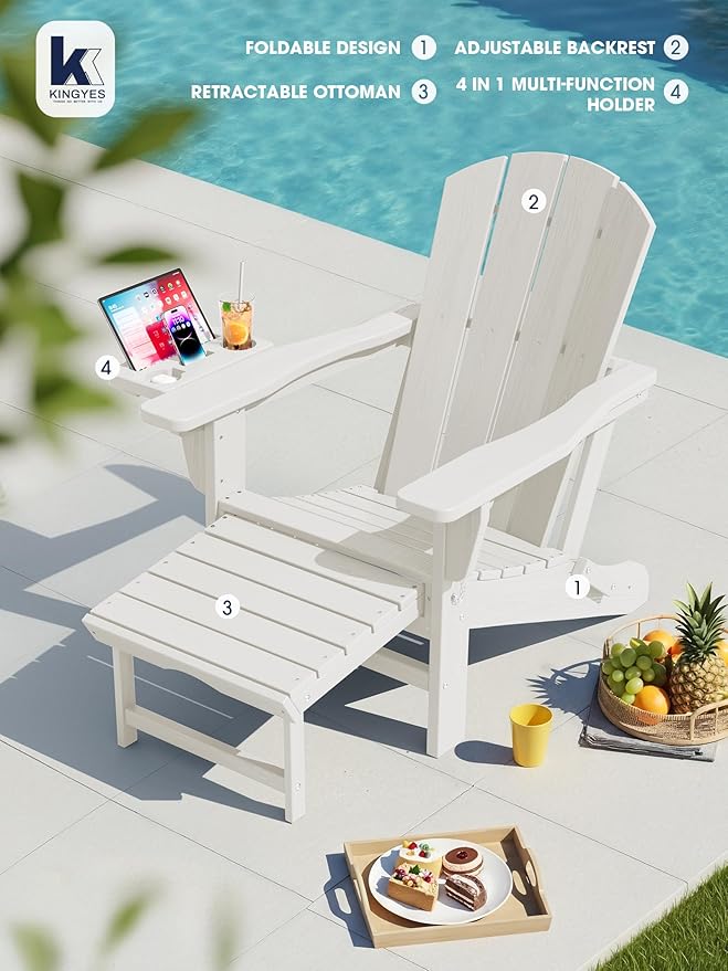 KINGYES Adjustable Folding Adirondack Chair with Footrest & 4-in-1 Multi-Functional Armrest Organizer, HDPE Foldable Reclining Adirondack Chair with Pull-Out Ottoman, White