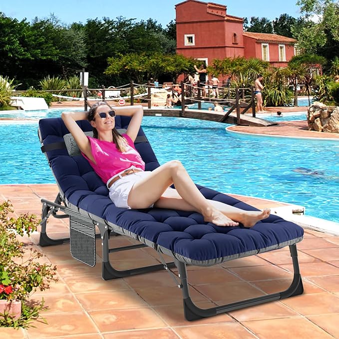 DoCred Folding Lounge Chair, 5 Position Adjustable Folding Sleeping Bed Cot Chaise Lounge Chairs Perfect for Sunbathing, Camping, Pool, Beach, Patio