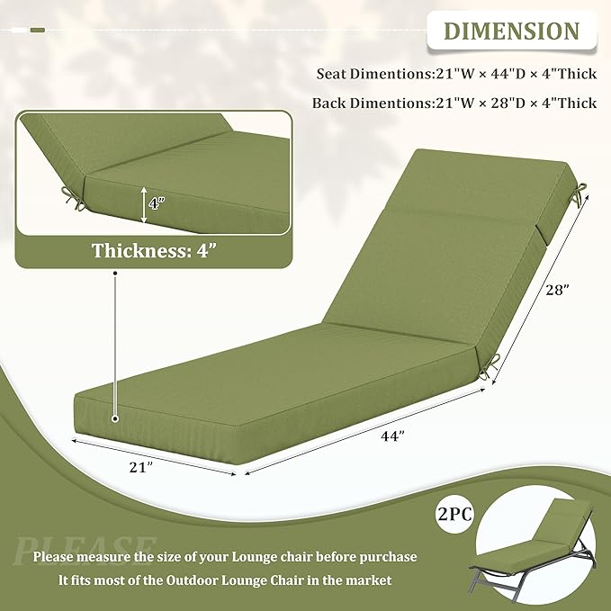 2 Pcs Chaise Lounge Cushions Outdoor, 72" L X 21" W X 4" D Lounge Chair Cushions for Outdoor Furniture, High-Density Foam Patio Chaise Cushion-Waterproof Fade-Resistant ThickPatio lounge chair cushion