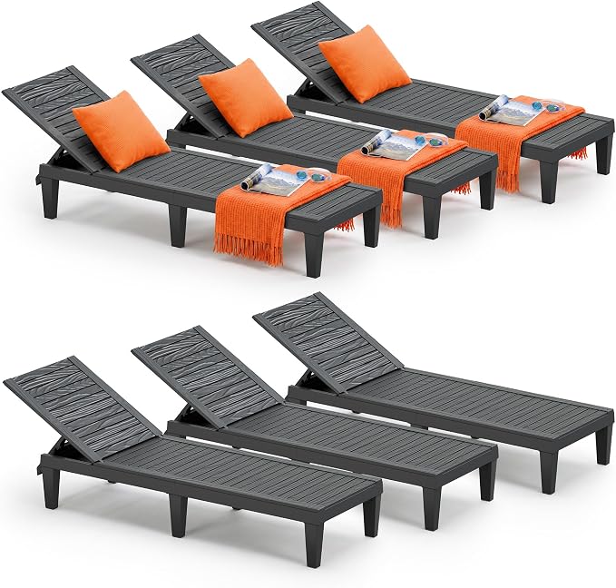 Outdoor Chaise Lounge Chairs Set of 6, 5-Position Adjustable Tanning Lounge Chairs with Wood Texture, All-Weather Resin Patio Lounge Chair for Pool, Garden, Deck, Beach, Striped Black