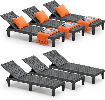Outdoor Chaise Lounge Chairs Set of 6, 5-Position Adjustable Tanning Lounge Chairs with Wood Texture, All-Weather Resin Patio Lounge Chair for Pool, Garden, Deck, Beach, Striped Black