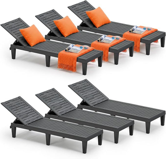 Outdoor Chaise Lounge Chairs Set of 6, 5-Position Adjustable Tanning Lounge Chairs with Wood Texture, All-Weather Resin Patio Lounge Chair for Pool, Garden, Deck, Beach, Striped Black