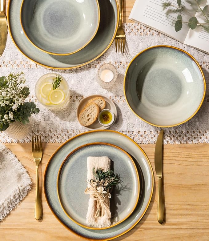 TheTerra Ceramic Dinnerware Set for 4, 12-Piece Plates and Bowls Set | Lightweight Porcelain Dish Set, Scratch Resistant, Oven & Microwave & Dishwasher Safe, Blue Dusk
