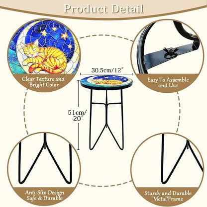 12 Inch Folding Outdoor Side Tea Table,Moon Kitten Small Accent Tables, Plant Tables Indoor,Garden or Living Room Decor Afternoon Tea Dinner Table, Simple Assembly Cast Iron Plant Stand