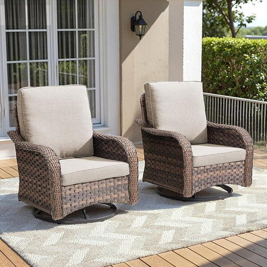 Outdoor Swivel Rocker Patio Chairs-High Back Wicker Swivel Rocker Patio Chairs Set of 2,All Weather Wicker Chair Patio Furniture Sets with Covered Cushions for Porch Balcony Deck Brown/Beige