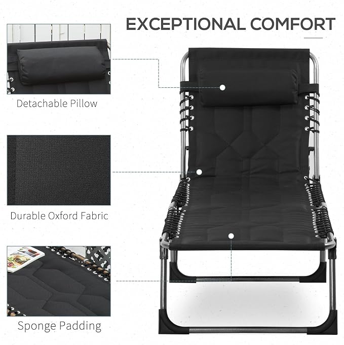 Outsunny Padded Folding Chaise Lounge Chair, Outdoor 6-Level Reclining Camping Tanning Chair with Headrest for Beach, Yard, Patio, Pool, Black