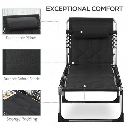 Outsunny Padded Folding Chaise Lounge Chair, Outdoor 6-Level Reclining Camping Tanning Chair with Headrest for Beach, Yard, Patio, Pool, Black