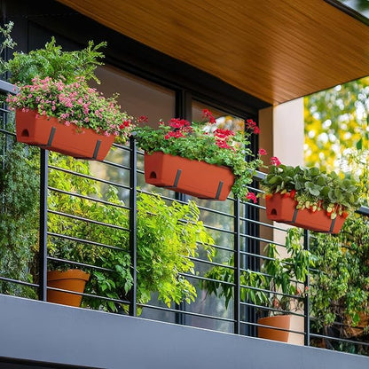 ETELI Railing Planter Box 6 Pack Balcony Planters Railing Hanging with Metal Brackets Window Boxes Deck Rail Planter for Outdoor Indoor Porch Garden Patio, Red & Black