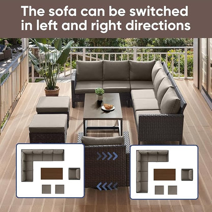 HUMMUH 10 Piece Patio Furniture PE Wicker 6-Seater Outdoor Sectional Sofa with Dinning Table Patio Swivel Chairs Outdoor Chairs for Porch,Garden,Backyard,Deck(Brown/Grey)
