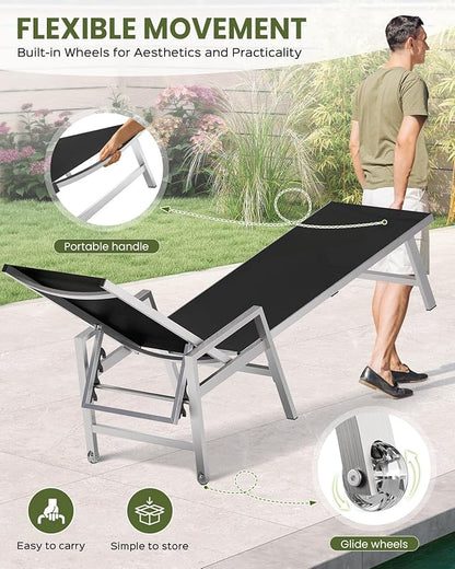 Vexwalx Patio Chaise Lounge Chair Outdoor with Wheels&Armrests, Aluminum Pool Lounge Chairs 5-Position Adjustable Recliner, Outdoor Beach Lounge Chairs for Poolside, Patio, Deck, Yard, Black