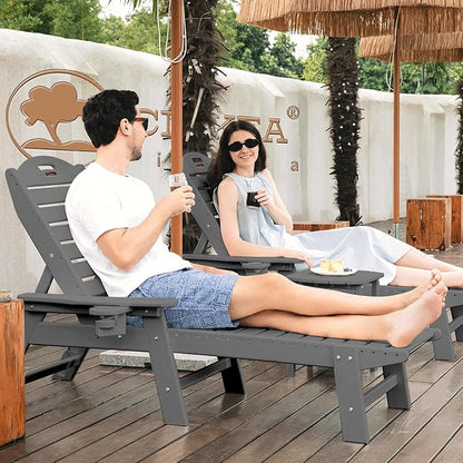 Ciokea Chaise Lounge for Outdoor, Patio Lounge Chairs for Outside, Chaise Lounge Chair with 6 Positions, HDPE Lounge Chair with Cup Holder for Pool Poolside Deck Backyard Lawn, Grey