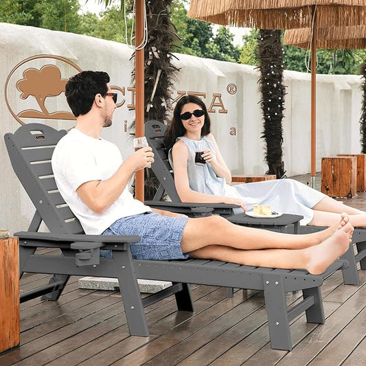 Ciokea Chaise Lounge for Outdoor, Patio Lounge Chairs for Outside, Chaise Lounge Chair with 6 Positions, HDPE Lounge Chair with Cup Holder for Pool Poolside Deck Backyard Lawn, Grey
