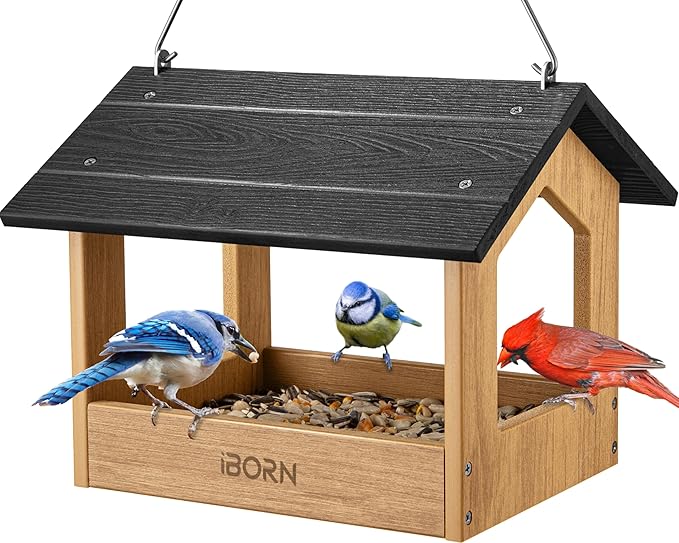 iBorn Pavilion Bird Feeder, Covered Platform Bird Feeder for Outdoors Hanging, WPC Recycled Plastic & Waterproof, Black