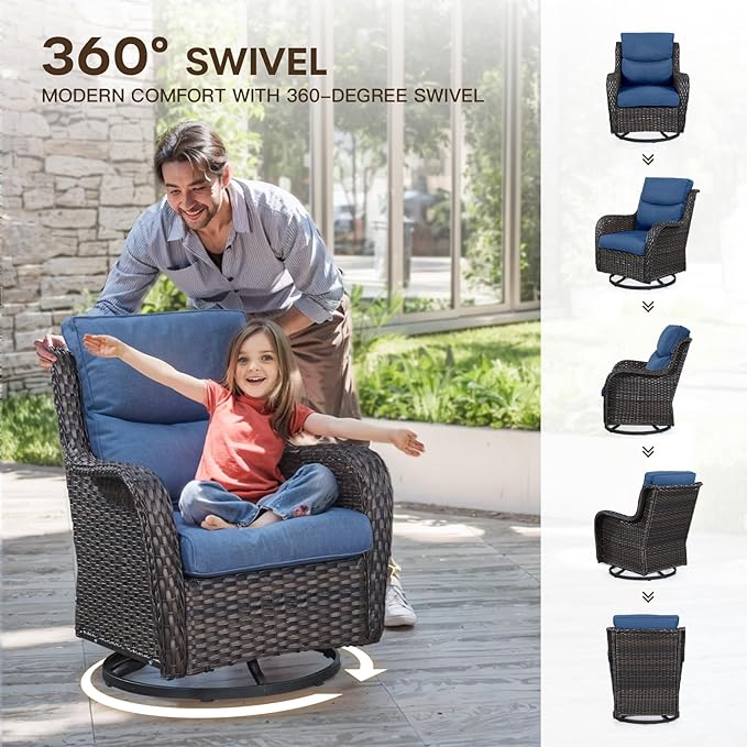 Patio Swivel Chair Set of 2, Resin Wicker Swivel Patio Glider Chairs with Smile-Shaped Cushions, High Back Luxury Swivel Patio Glider Chairs for Outdoor, Brown Wicker|Blue Cushions