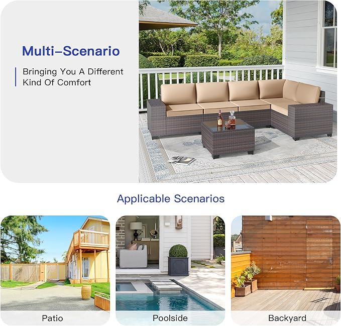 6PCS Outdoor Patio Furniture Set,PE Rattan Wicker Patio Conversation Set with Washable Cushions & Glass Coffee Table,Patio Sectional Furniture Set for Garden, Poolside, Backyard,Sand
