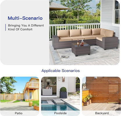 6PCS Outdoor Patio Furniture Set,PE Rattan Wicker Patio Conversation Set with Washable Cushions & Glass Coffee Table,Patio Sectional Furniture Set for Garden, Poolside, Backyard,Sand