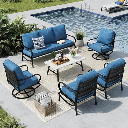 MFSTUDIO 6 Pieces Metal Patio Furniture Sets, 2 Swivel Chairs, 3-Seat Loveseat Sofa, 2 Patio Chairs & 1 Marbling Coffee Table, All Weather 7 Seats Outdoor Conversation Set for Garden, Peacock Blue