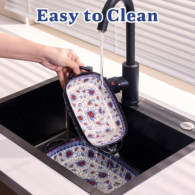 Ceramic Casserole Dishes for Oven, Hand-painted Polish Pottery Baking Dish Set of 2, 0.8QT / 2QT Porcelain Casserole Dishes with Handles, Baking Pan Lasagna Pan, Gift for Family/Friend (Blue)