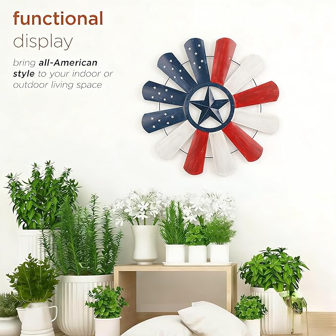 JJALIGHTS 23" Windmill Wall Decor, Patriotic American Flag Metal Wall Art with Texas Star, 4th of July Indoor Outdoor Decorations for Farmhouse Porch Garden Patio Fence Home