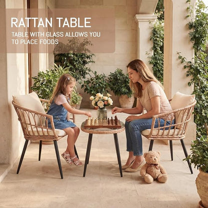 Upgraded 3 Piece Patio Bistro Set for Balcony, Backyard, Porch, Beige | All-Weather Rattan Patio Conversation Set, Tempered Glass Side Table, Easy-Clean Surface