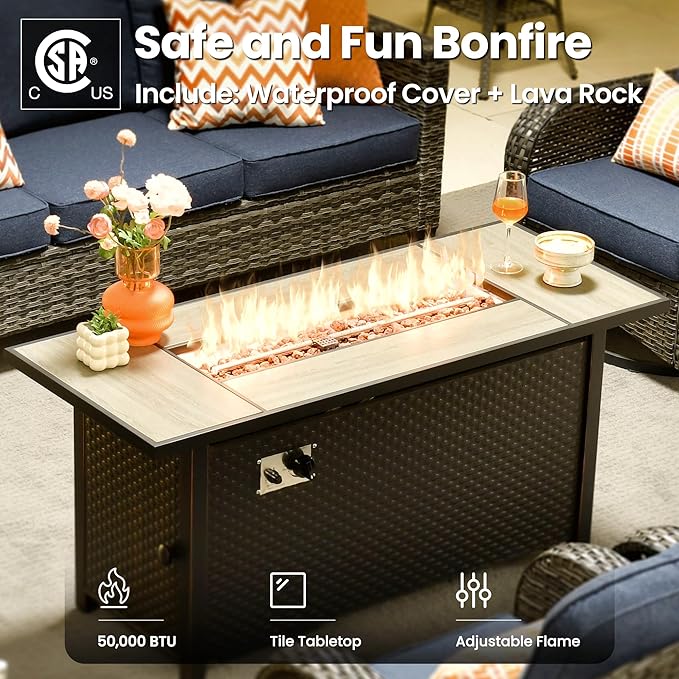 ovios 9 Pieces Patio Furniture Set, Outdoor Wicker Sofa Couch with Rocking Swivel Chairs Fire Pit Table, Modern Deep Seat Rattan Conversation Sets for Porch Deck, Denim Blue