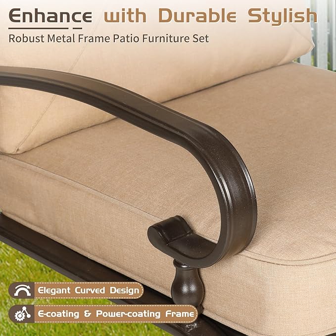 7-Piece Outdoor Metal Furniture Sets Patio Conversation Set, Wrought Iron Loveseat, 2 Dining Chairs, 2 Spring Chairs and Coffee Table, Brown