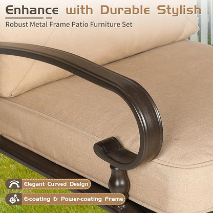 7-Piece Outdoor Metal Furniture Sets Patio Conversation Set, Wrought Iron Loveseat, 2 Dining Chairs, 2 Spring Chairs and Coffee Table, Brown