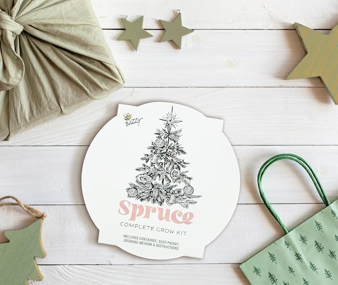 Buzzy Seeds Spruce Christmas Tree Grow Kit - Metal Windowsill Planter - Complete Indoor/Outdoor Gardening Kit with Seeds, Coconut Husk Growing Medium & Genuine Pots - 100% Grow Guarantee