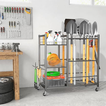 Ultrawall Garden Tool Organizer with Lockable Wheels, Yard Tool Storage Rack for Garage, Garden Tool Stand for Rake, Brooms, Indoor & Outdoor Use