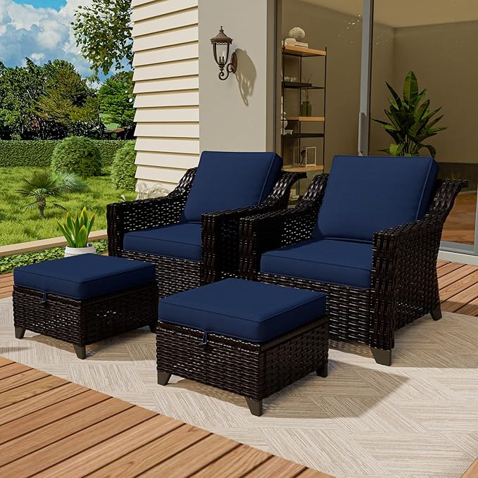 VistaVibe 4 Pieces Outdoor Patio Conversation Furniture Set - 2 Luxurious Armchairs | 2 Wicker Ottomans, Removable Cushions, Hand-Woven PE Rattan, Office, Porch (Brown/Navy)