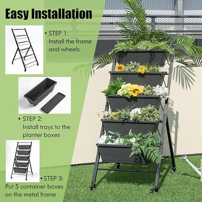 Vertical Garden Bed with Wheels, 5 Tier Raised Garden Bed w/Removable Planter Boxes, Lockable Wheels, Drainage Holes, Rolling Vertical Planter for Herb Vegetable Flower, Outdoor Patio Balcony
