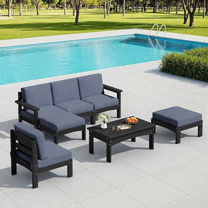 SERWALL HDPE Patio Furniture Set,7 Pieces Patio Conversation Set, All-Weather Modular Patio Sofa Set with Removable Cushions and Coffee Table for Deck, Garden, Porch, Black Frame with Grey Cushion