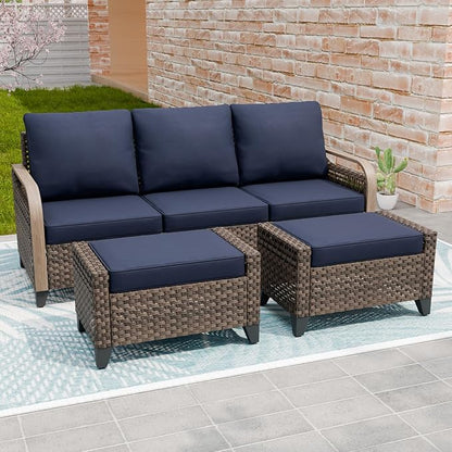 Modern Wicker Patio Furniture Set, Rattan Outdoor Conversation Set with Comfortable Cushions, 3 Seat Couch and 2 Ottomans, 3 Pieces, Brown/Blue