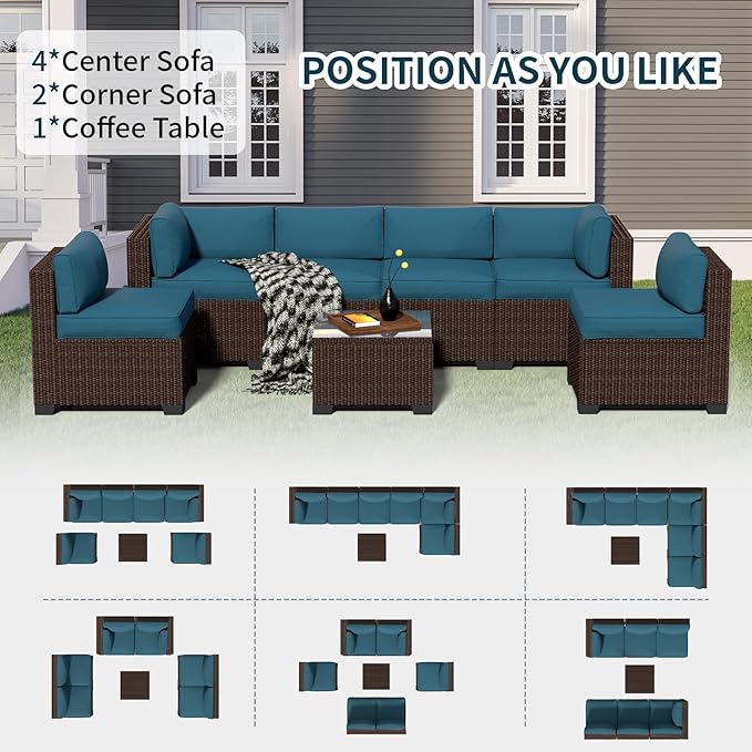 7-Piece Outdoor Sectional Patio Furniture Set, All-Weather Wicker Rattan Sofa w/Thick Washable Cushions & Tempered Glass Table, Perfect for Garden, Poolside, Backyard (7, Brown&Peacock Blue)
