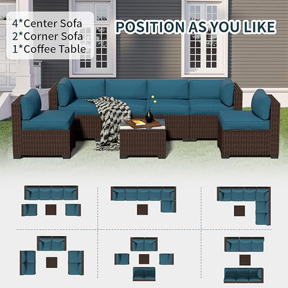 7-Piece Outdoor Sectional Patio Furniture Set, All-Weather Wicker Rattan Sofa w/Thick Washable Cushions & Tempered Glass Table, Perfect for Garden, Poolside, Backyard (7, Brown&Peacock Blue)