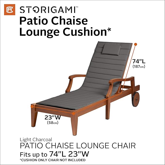Classic Accessories Storigami Water-Resistant 74 x 23 Inch Chaise Lounge Cushion, Light Charcoal, Patio Cushion