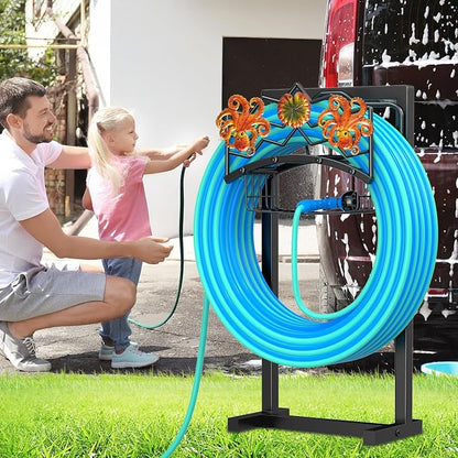 Garden Hose Holder for Outside, Freestanding Water Hose Holder Storage with Storage Basket, Heavy Duty Metal Hose Reels Hanger Stand Organizer with 4 Spikes for Yard Lawn Black