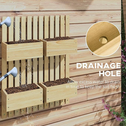 Outsunny 4 Box Raised Garden Bed with Trellis for Vine Flowers & Climbing Plants, 31.5" Tall Wall-Mounted Wood Planter Box Set with Adjustable Height, Drainage Hole, Natural