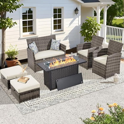 FHFO 6 Pieces Outdoor Patio Furniture Set, Wicker Sectional Sofa Patio Conversation Set Couch with Ottomans Rattan Chair and Table for Garden, Yard,Gray-Beige