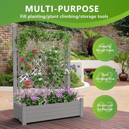 Vixzen 59" Tall Raised Garden Bed,Outdoor Large Resin Planter Box with Trellis and Drain Plug for Climbing Plants,Easy to Assemble,Water Monitor Grey, 43.43"×18.27"×59.29"