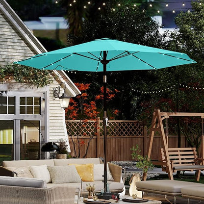 10FT Solar Umbrella 32 LED Lighted Patio Umbrella Table Market Umbrella w/Tilt and Crank, UV-Resistant Outdoor Umbrella for Pool, Garden, Deck, Aqua Blue